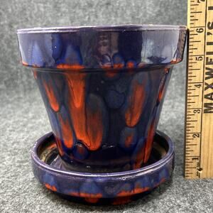 Vintage CDP 14 Korea Drip Paint Planter Set 2pc Abstract Red Blue MCM